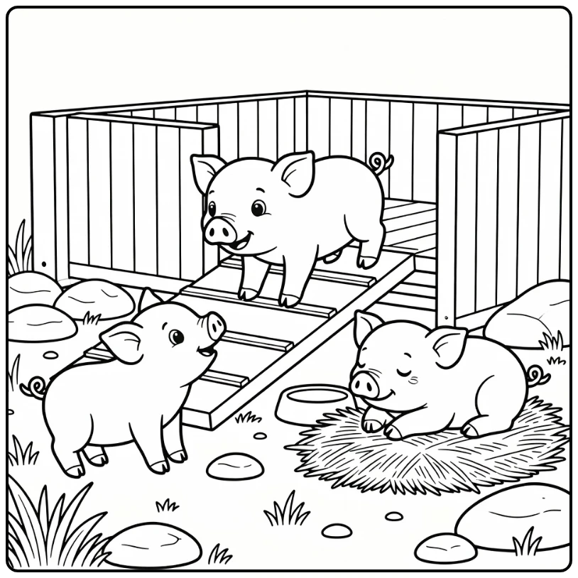 Baby pig coloring page showing three piglets near a wooden ramp