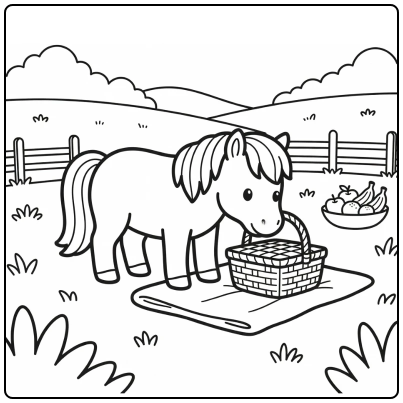 Pony coloring page of pony sniffing picnic basket outdoors