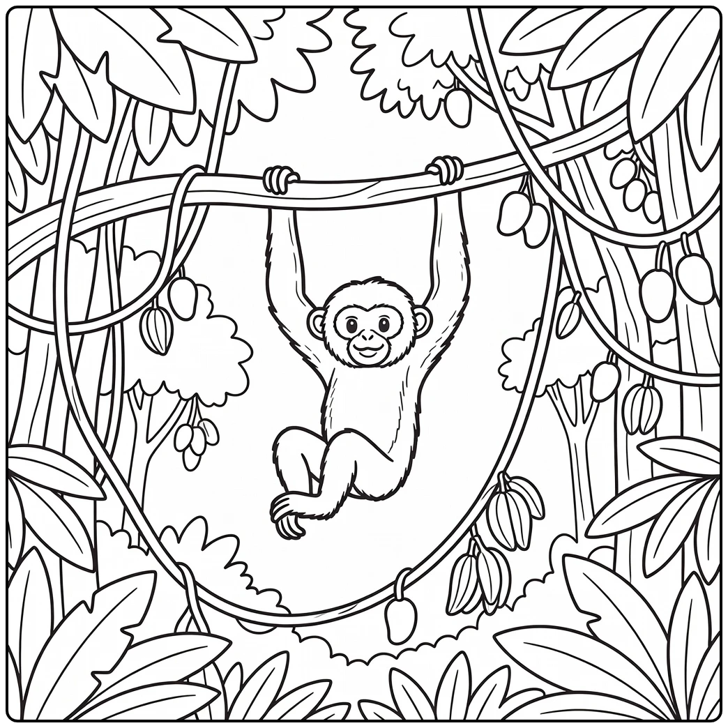 Jungle animals coloring page: gibbon swinging on branch amid vines