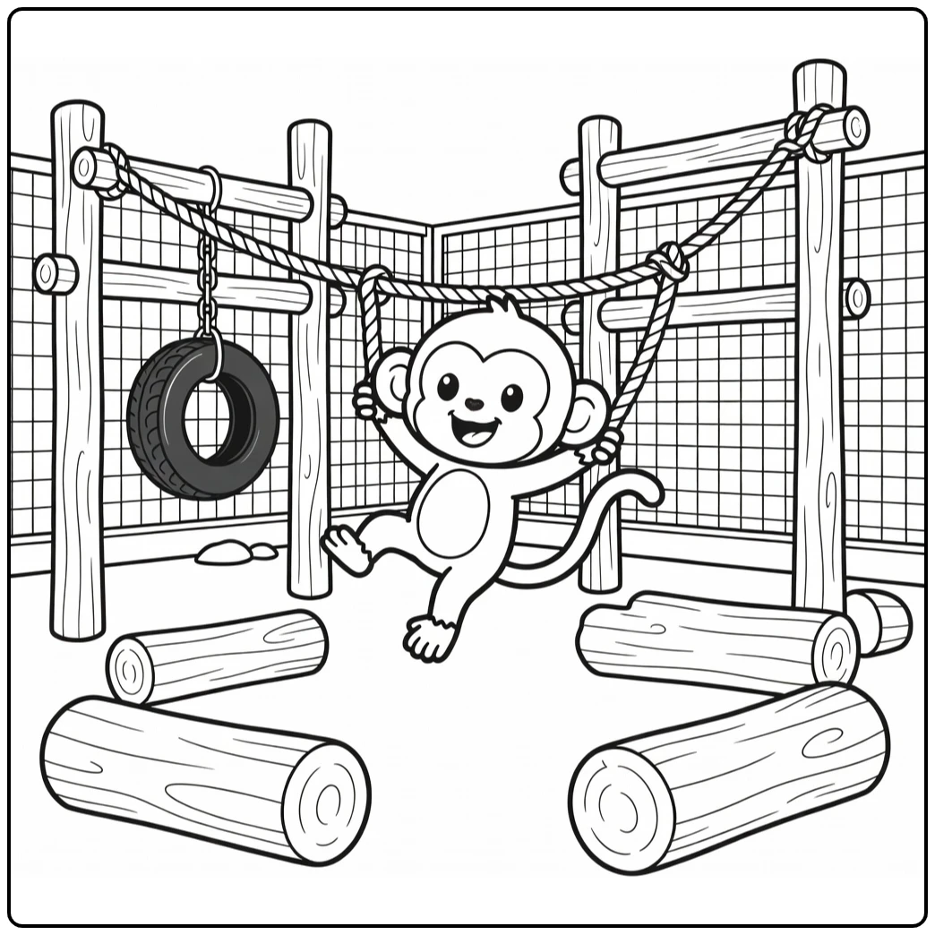 Playful monkey swinging on rope zoo coloring page