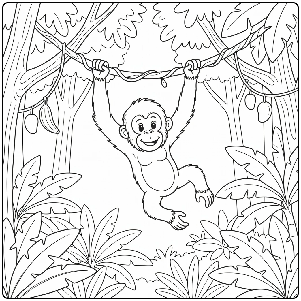 Cute orangutan swinging vine wild animals coloring page