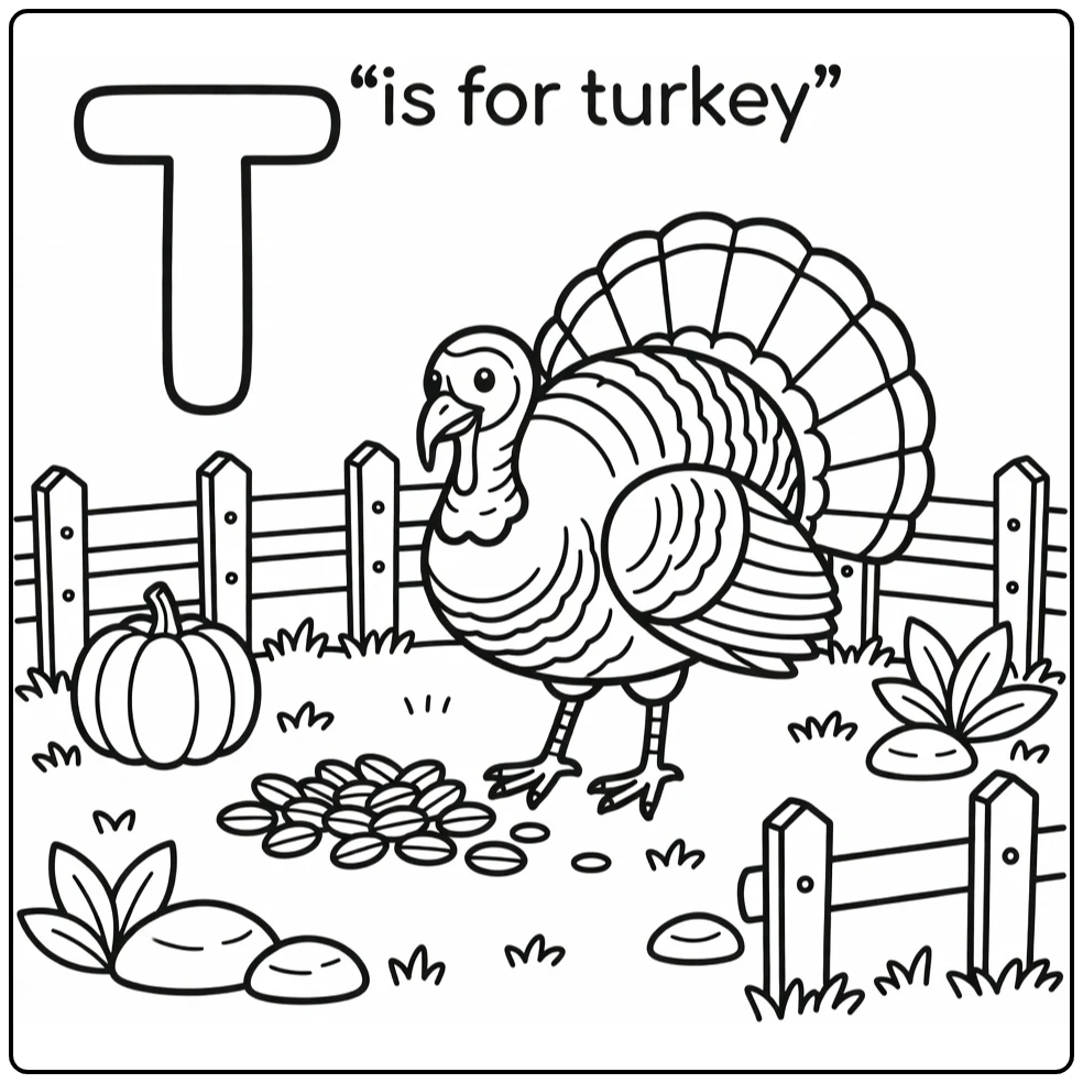 t is for turkey coloring page showing turkey pecking seeds