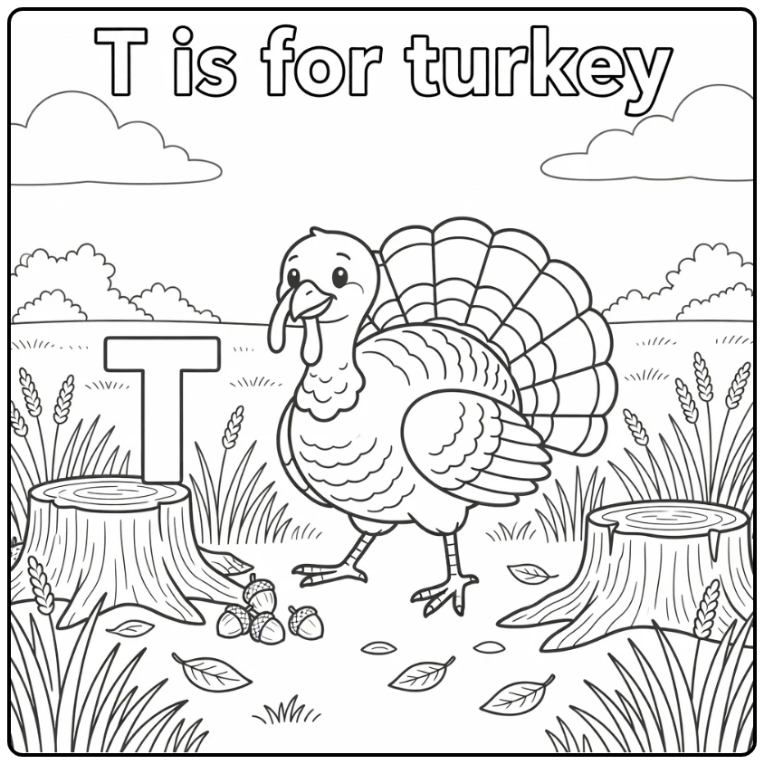 t is for turkey coloring page with turkey and tree stump