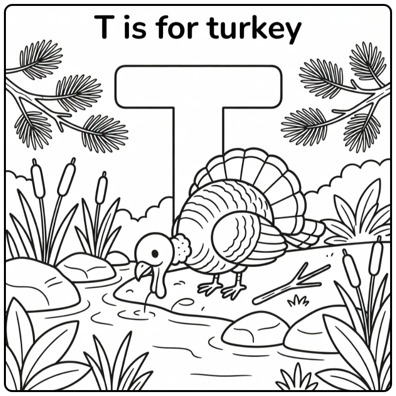 t is for turkey coloring page with turkey drinking from stream