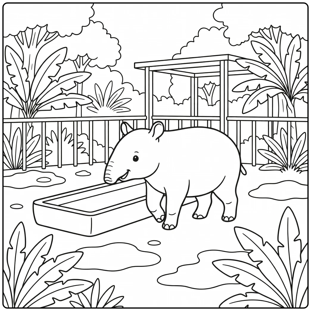 Cute tapir by feeding trough zoo coloring page