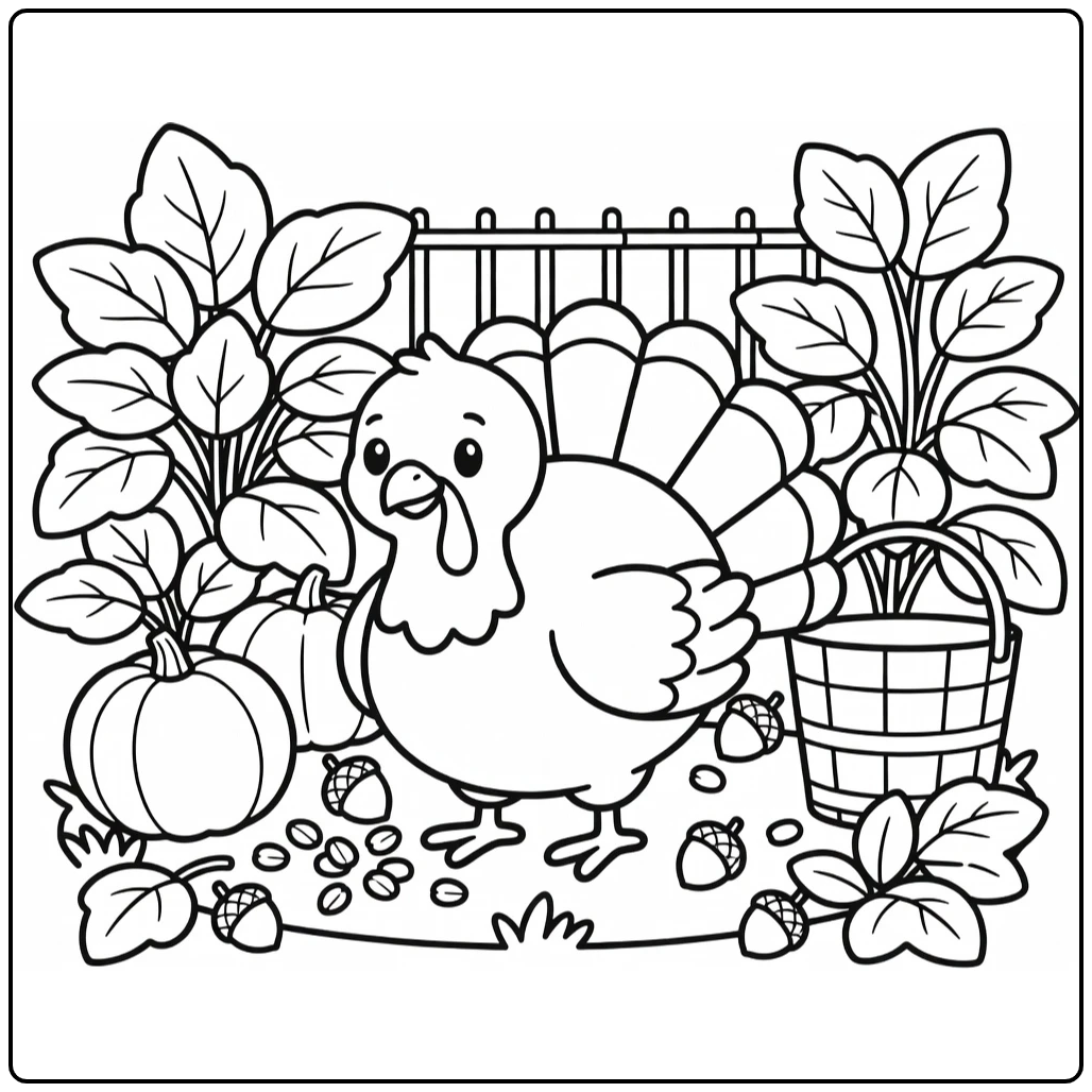 Thanksgiving turkey cartoon coloring page with hen in garden