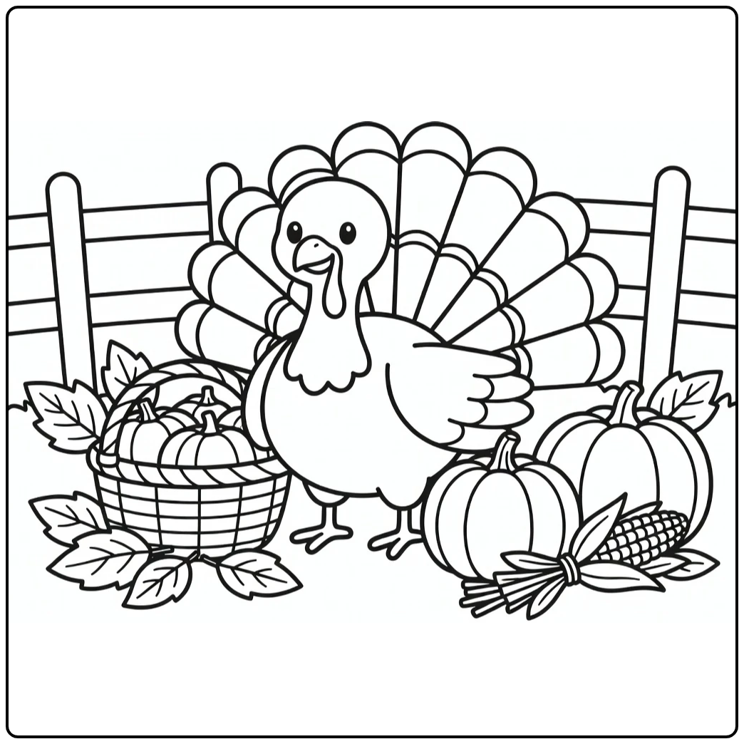 thanksgiving turkey cartoon coloring page with pumpkins