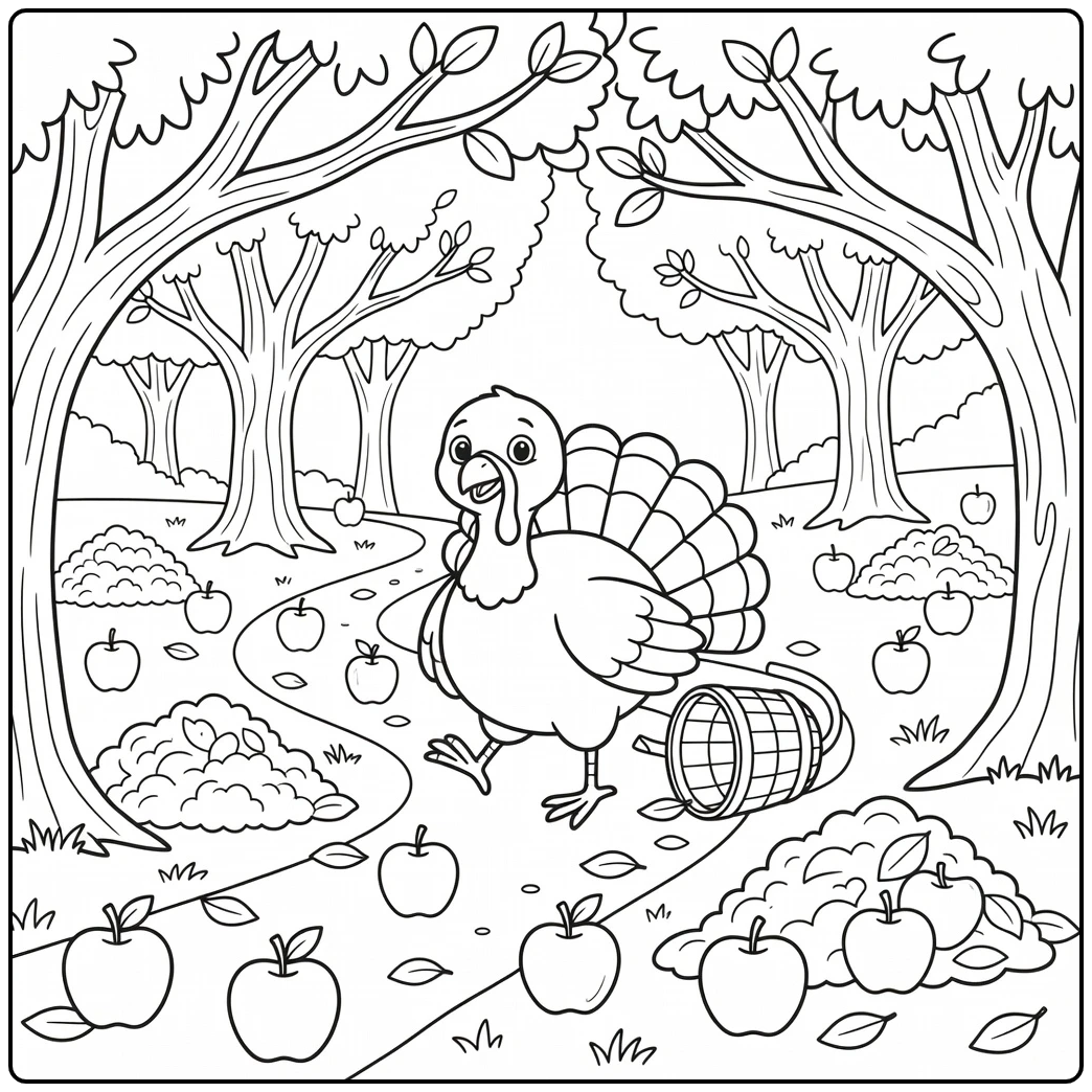 thanksgiving turkey coloring page in orchard with apples