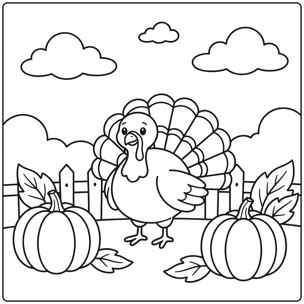 thanksgiving turkey coloring page for kids in pumpkin patch