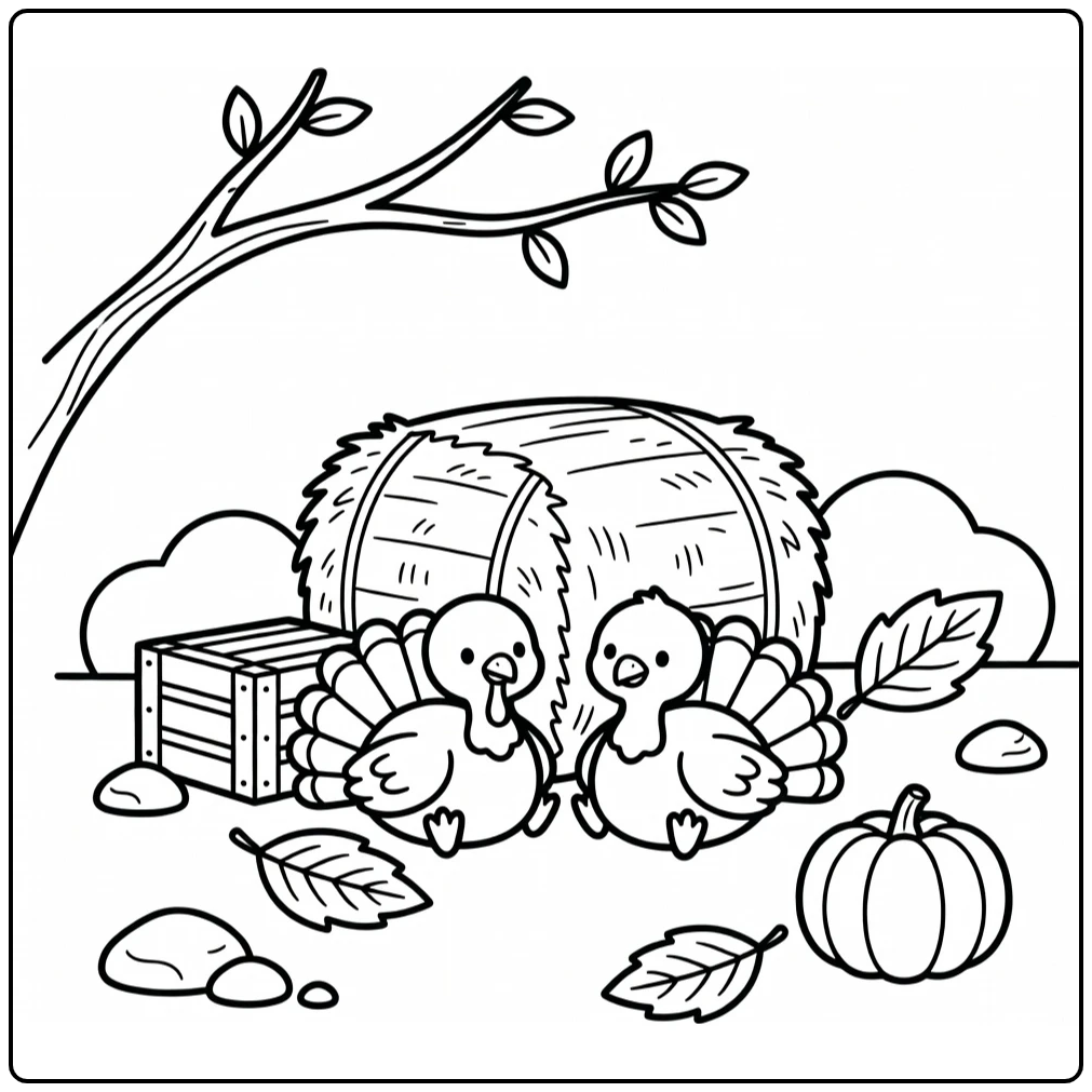 thanksgiving turkey coloring page for kids with hay and leaves