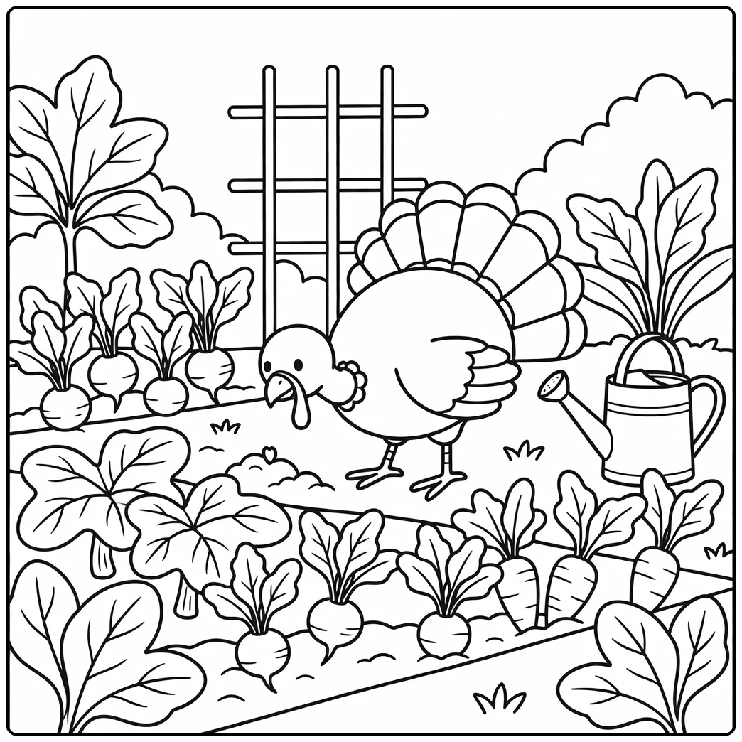 thanksgiving turkey coloring page with garden vegetables