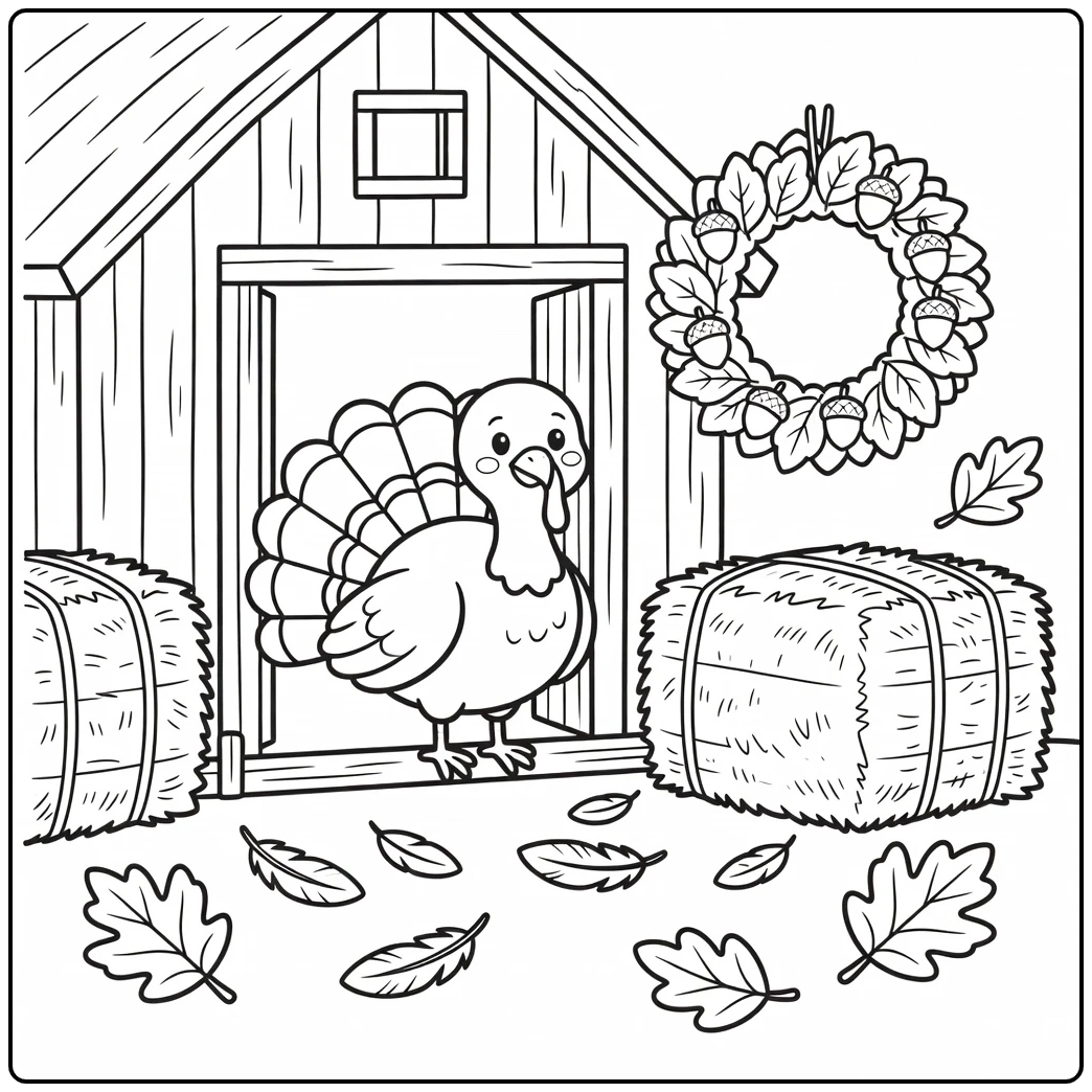 thanksgiving turkey coloring page with fence and barn