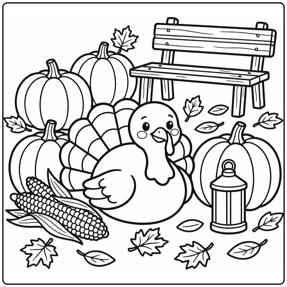 Thanksgiving turkey coloring page with corn and pumpkins