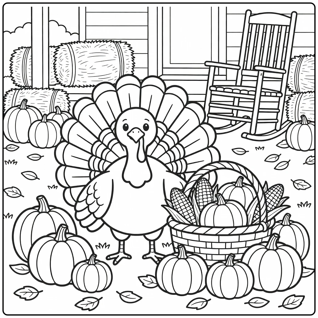thanksgiving turkey coloring page with tom turkey and basket
