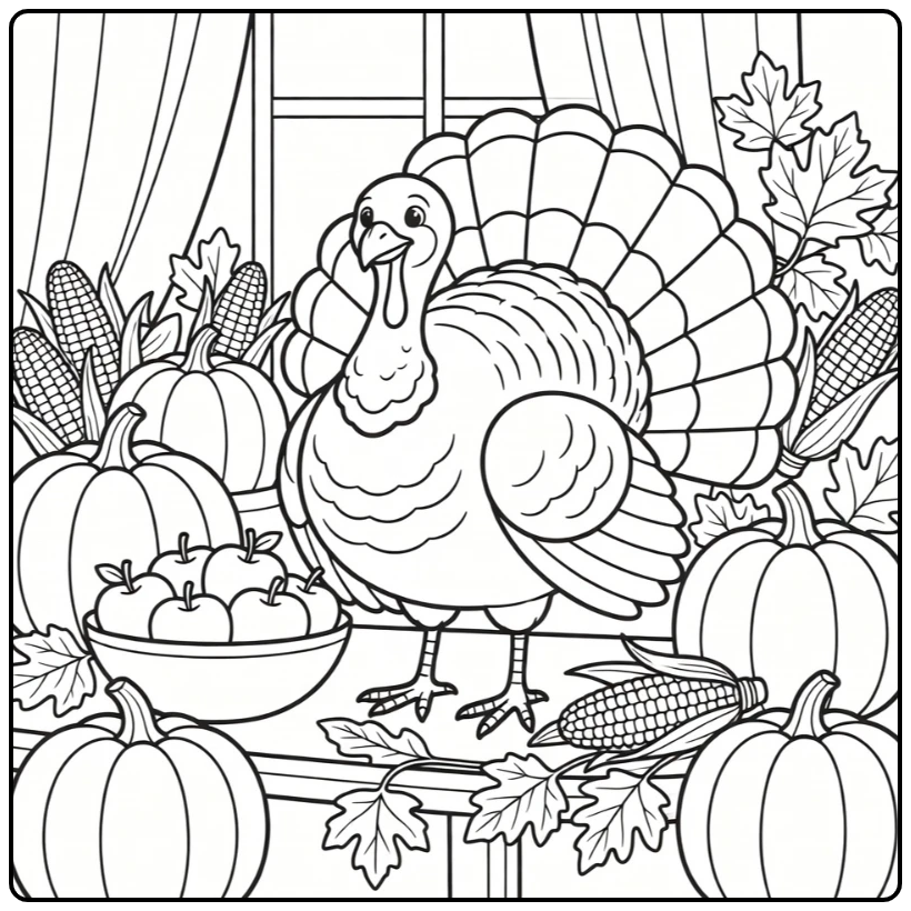 thanksgiving turkey coloring page with tom turkey and harvest table