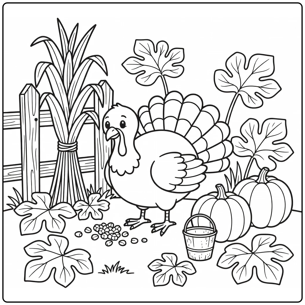 thanksgiving turkey coloring page of hen pecking kernels by fence