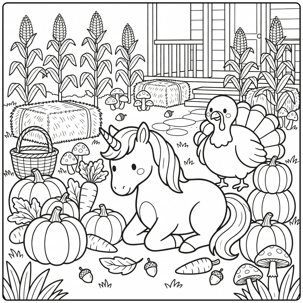 Thanksgiving unicorn coloring page with turkey & harvest