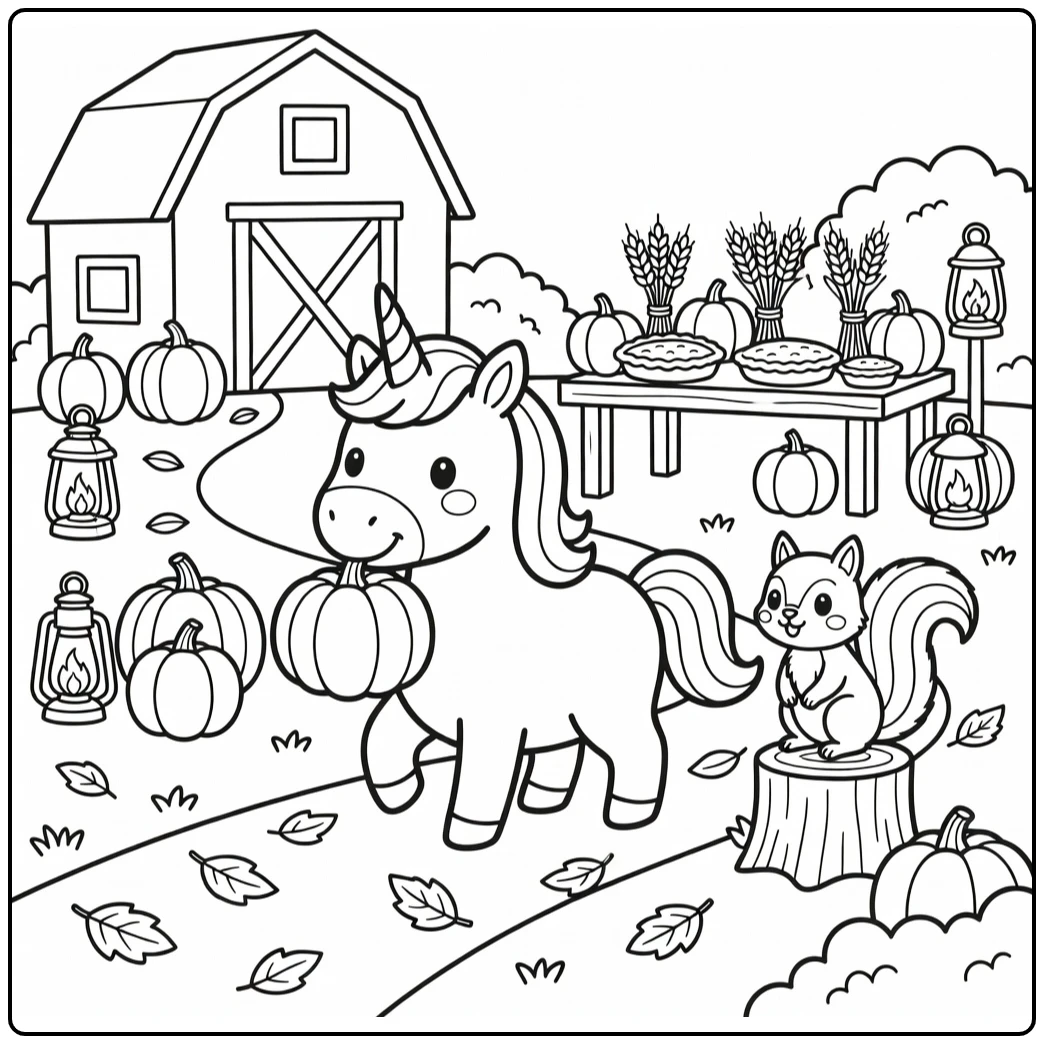 Thanksgiving unicorn coloring page: playful unicorn with pumpkin