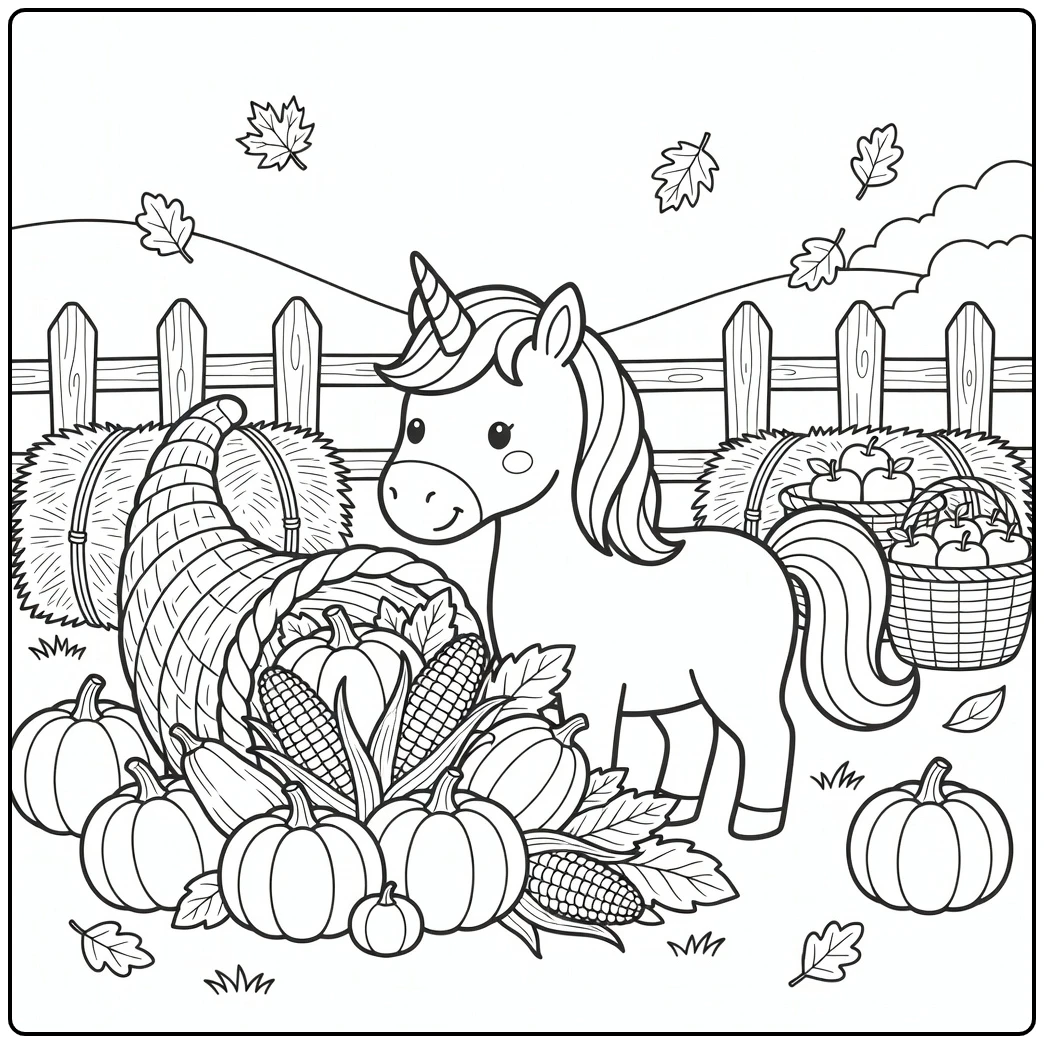 Thanksgiving unicorn coloring page: harvest cornucopia nudge