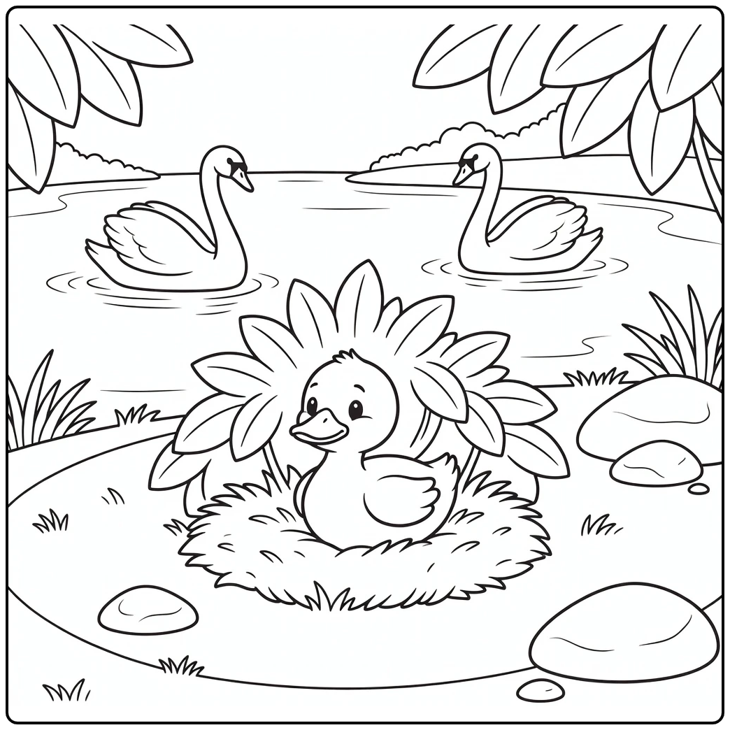 The ugly duckling coloring page duckling under shrub watching swans