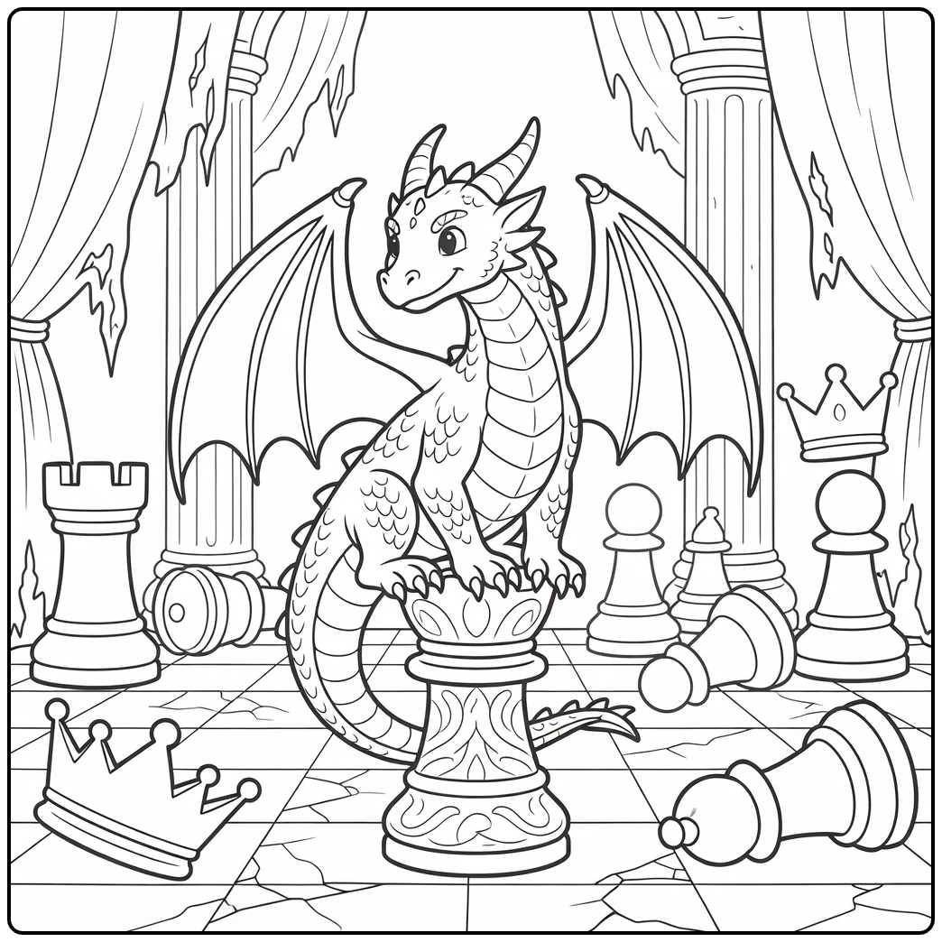 Detailed dragon coloring page: perched on chess piece in hall