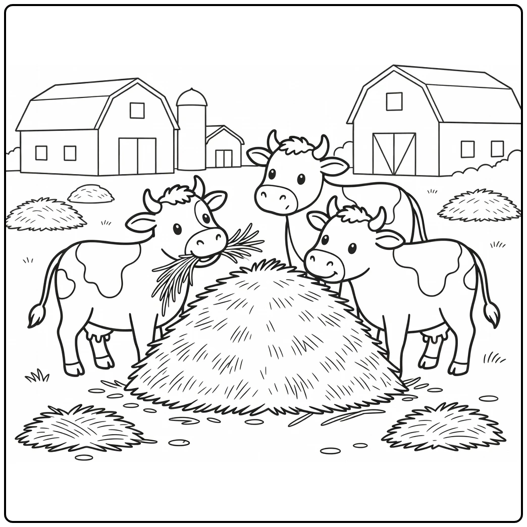 Cows sharing hay pile, cows coloring pages