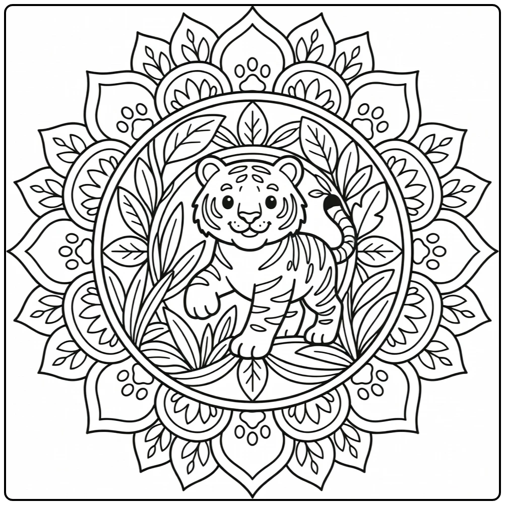 Animal mandala coloring pages: tiger stepping through jungle leaves