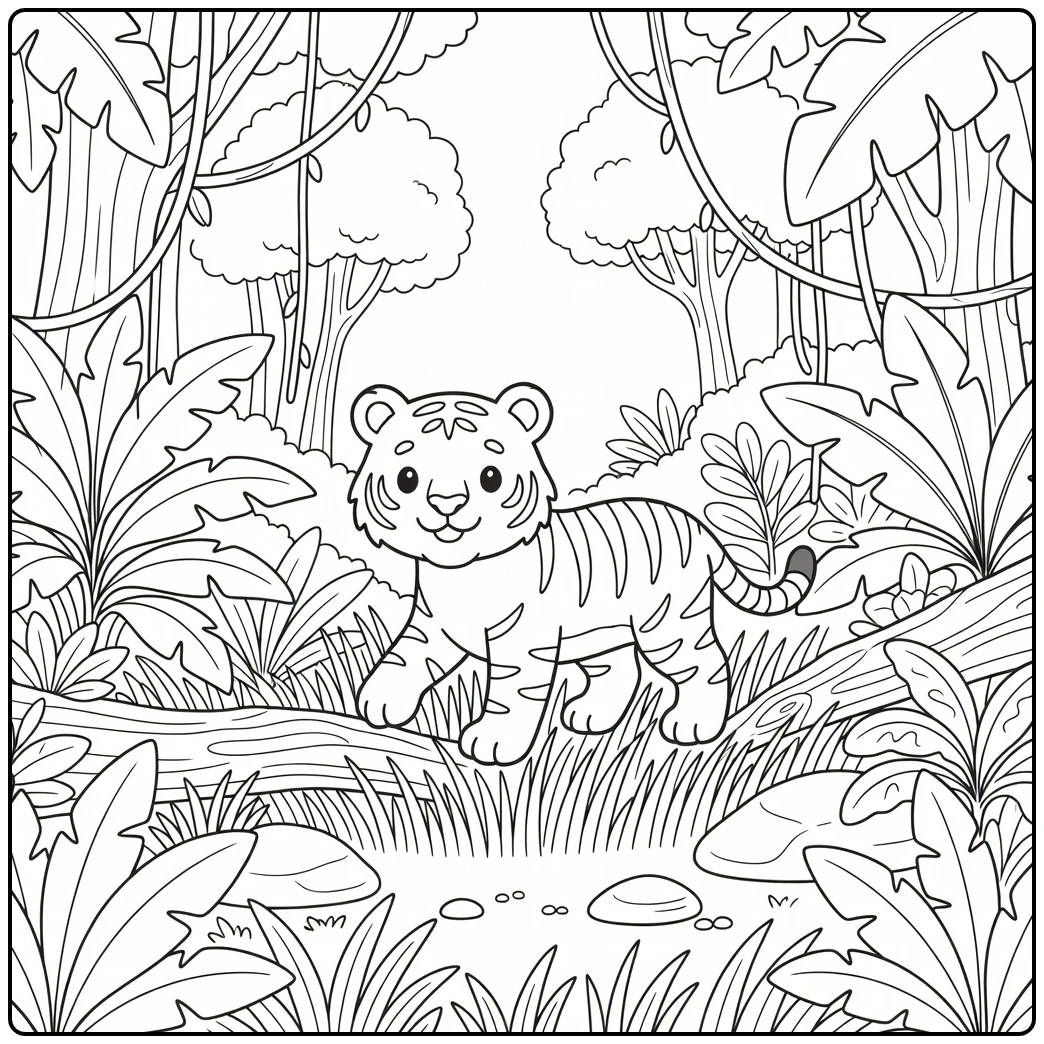 Wild animals coloring page: tiger in jungle grass & vines