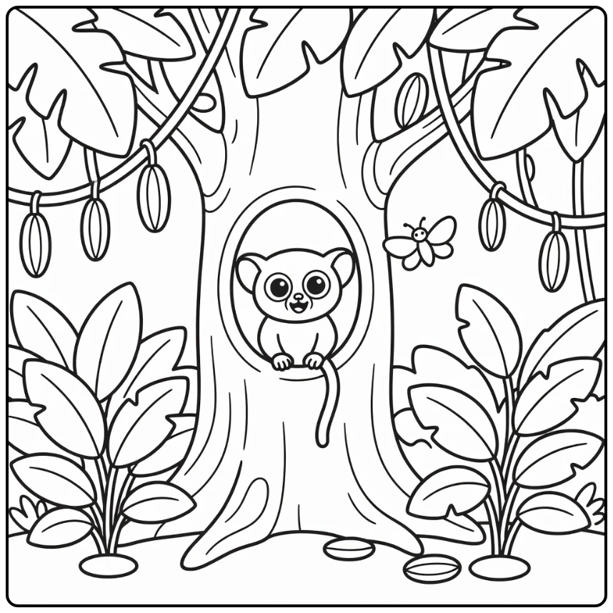 Easy jungle animal coloring page: tarsier watching moth