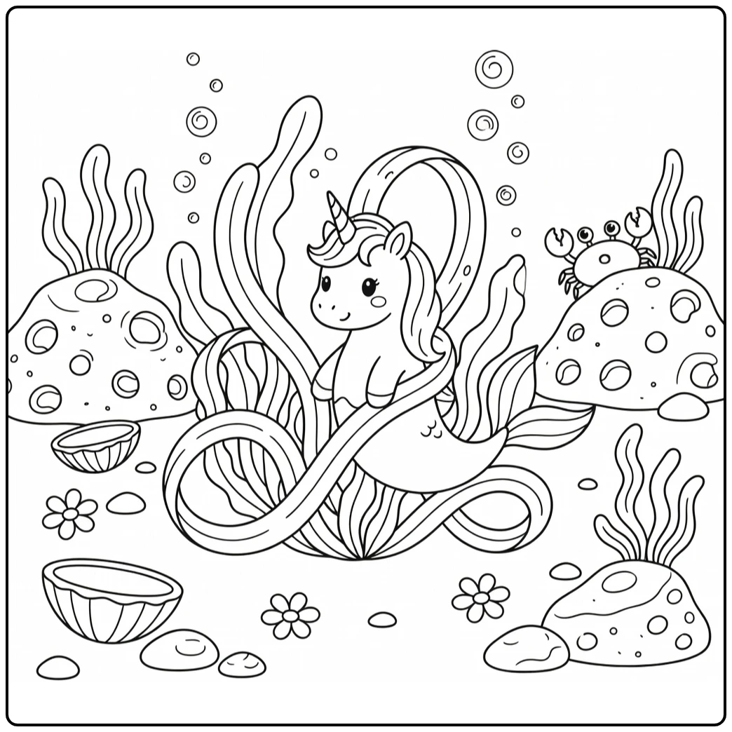 Unicorn mermaid coloring page: tangled in seaweed with crab
