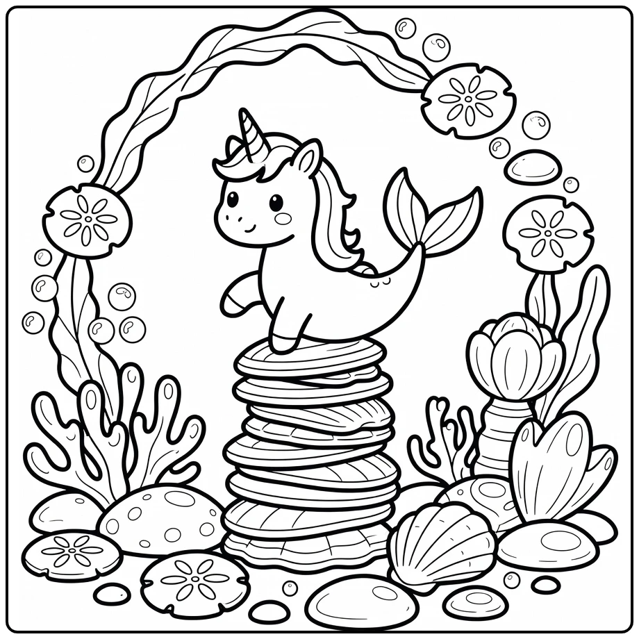 Unicorn mermaid coloring page balancing on seashell stack
