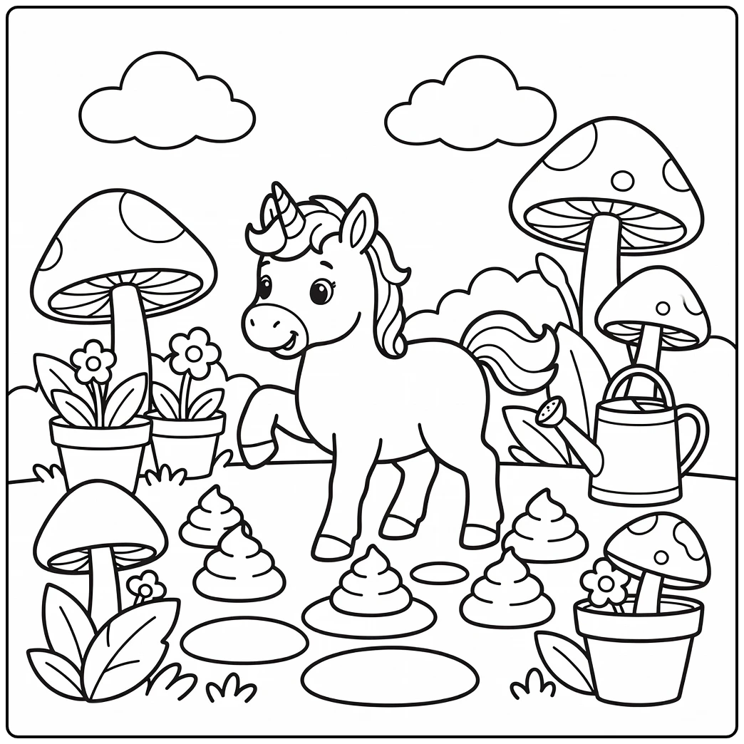 Chubby unicorn foal dodging poop piles: unicorn poop coloring page