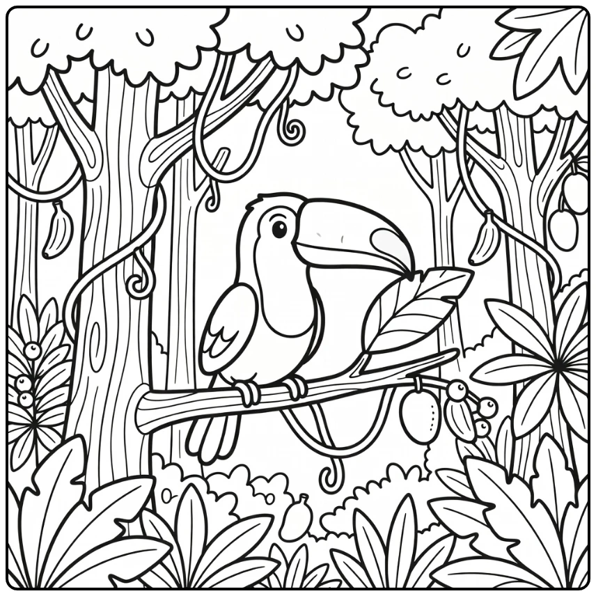 Jungle animals coloring page: toucan on branch with vines