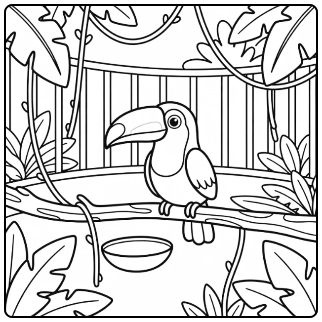 Cute toucan on branch in zoo aviary zoo coloring page