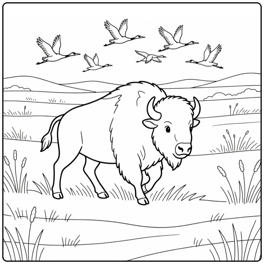 Bison coloring pages: trotting bison with flying cranes