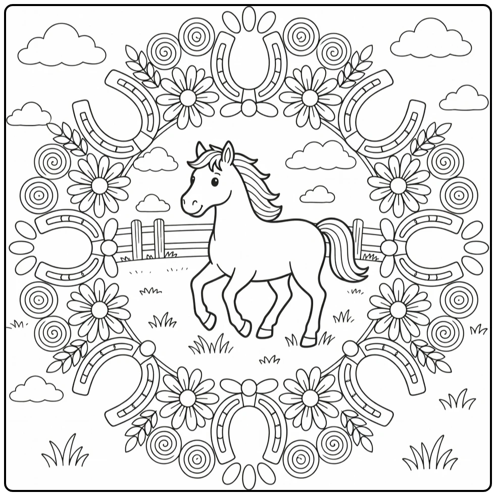 Animal mandala coloring pages: trotting horse in field with daisies