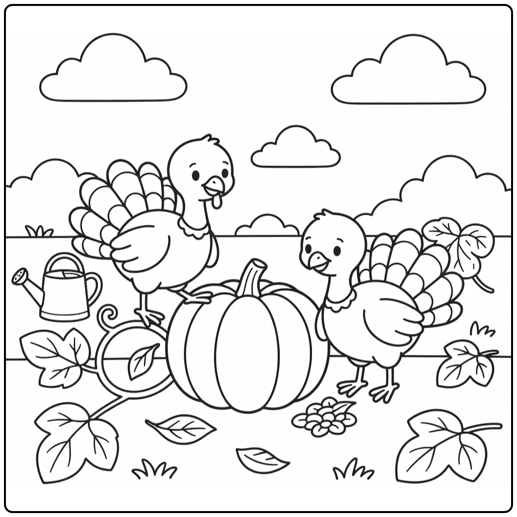 Turkey and pumpkin coloring page with two turkeys in garden
