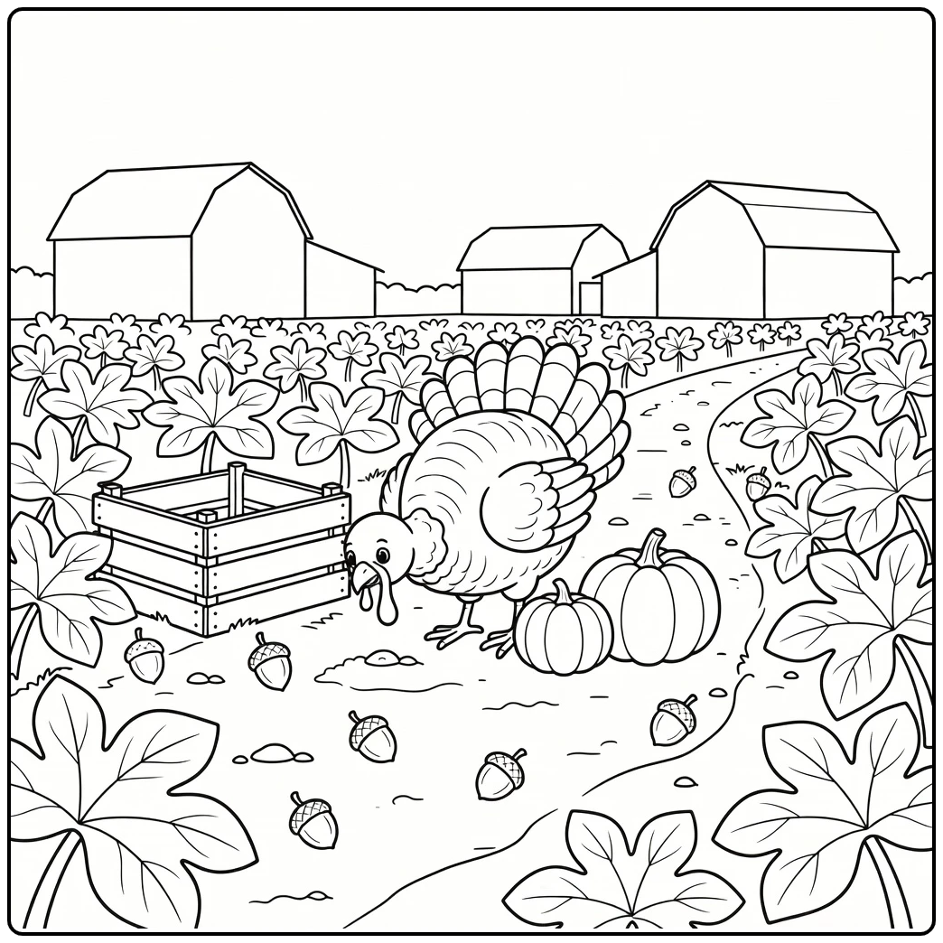 Turkey and pumpkin coloring page of hen pecking near pumpkins