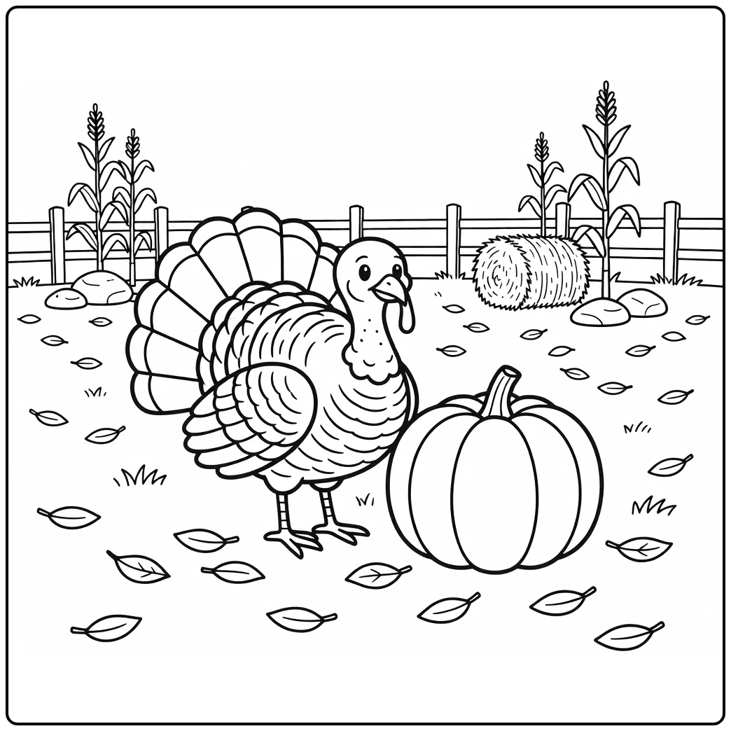 turkey and pumpkin coloring page in harvest field with leaves
