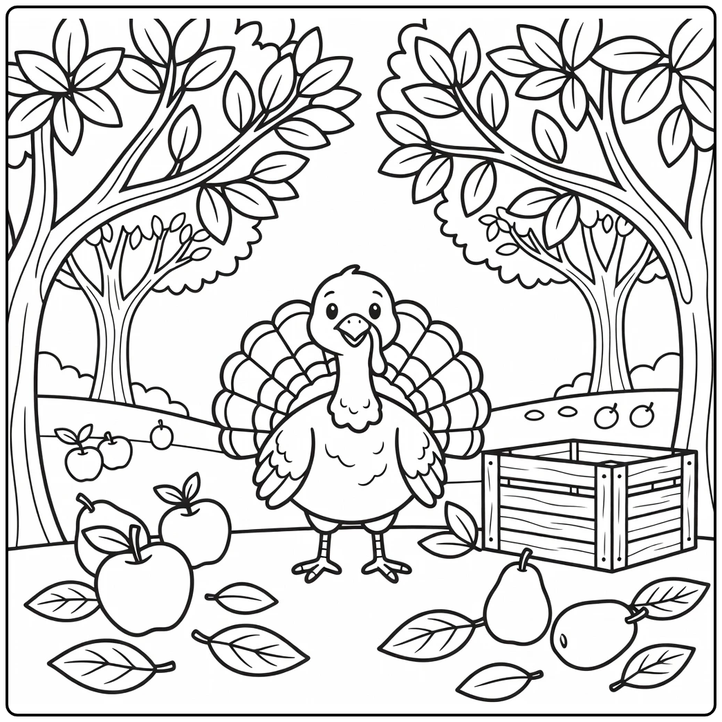 Turkey coloring page of alert bird under orchard tree with fruit