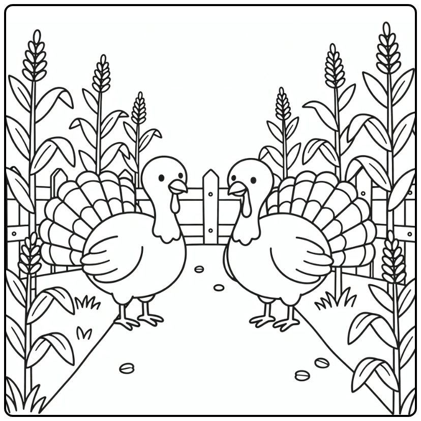 Turkey coloring page with two turkeys on farm trail