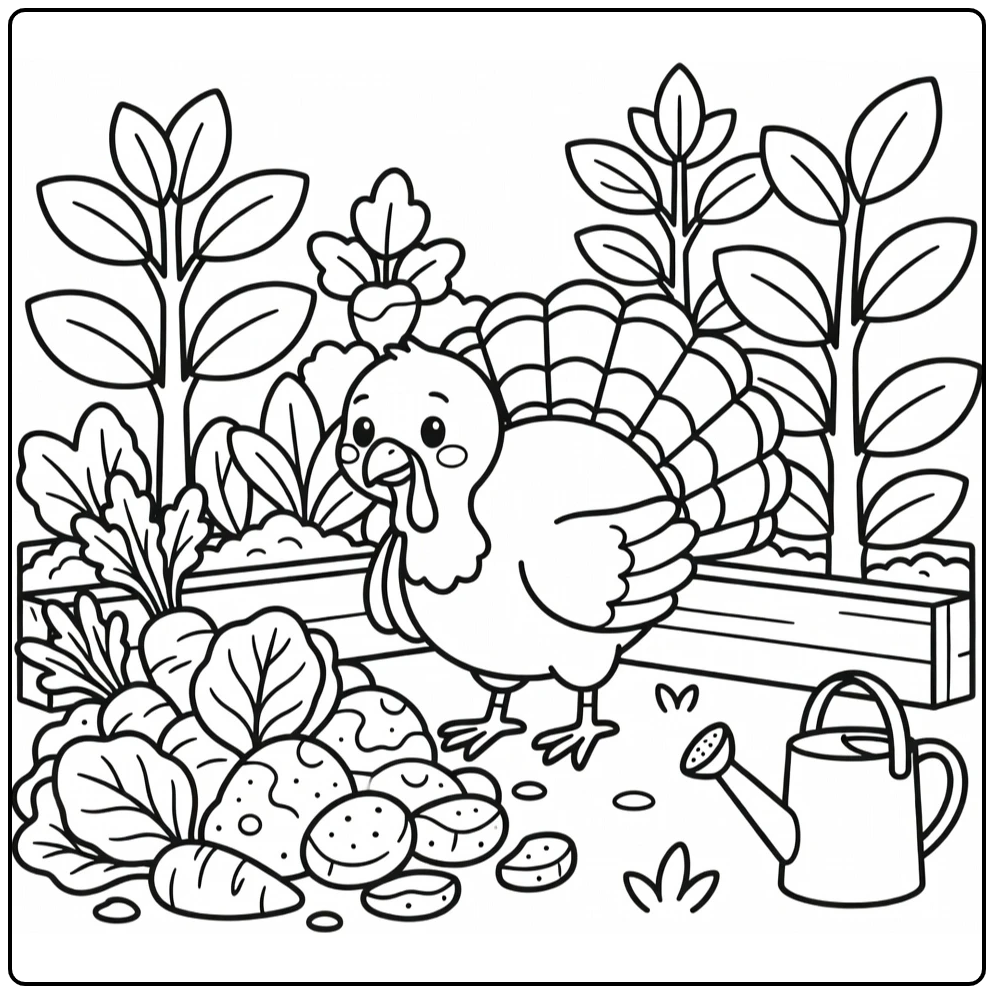 Turkey coloring page with compost pile and garden plants