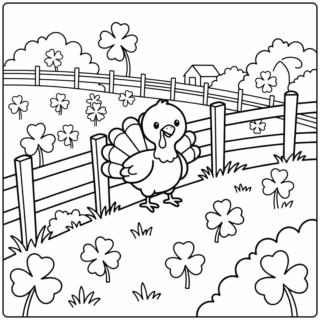 Turkey coloring page of turkey climbing grassy slope with fence