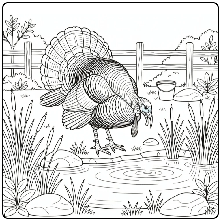 turkey coloring page for adults with heritage turkey at pond
