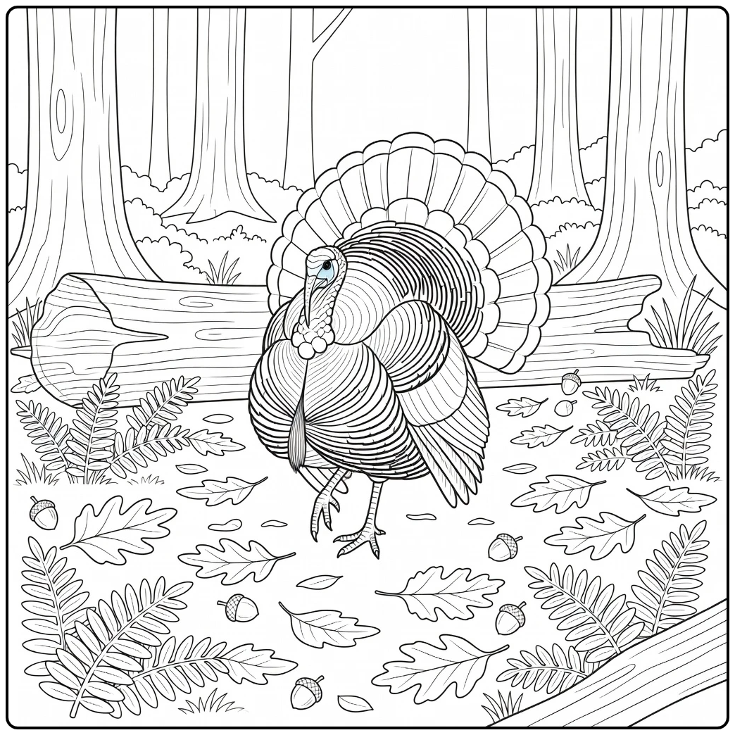 Turkey coloring page for adults with strutting woodland turkey
