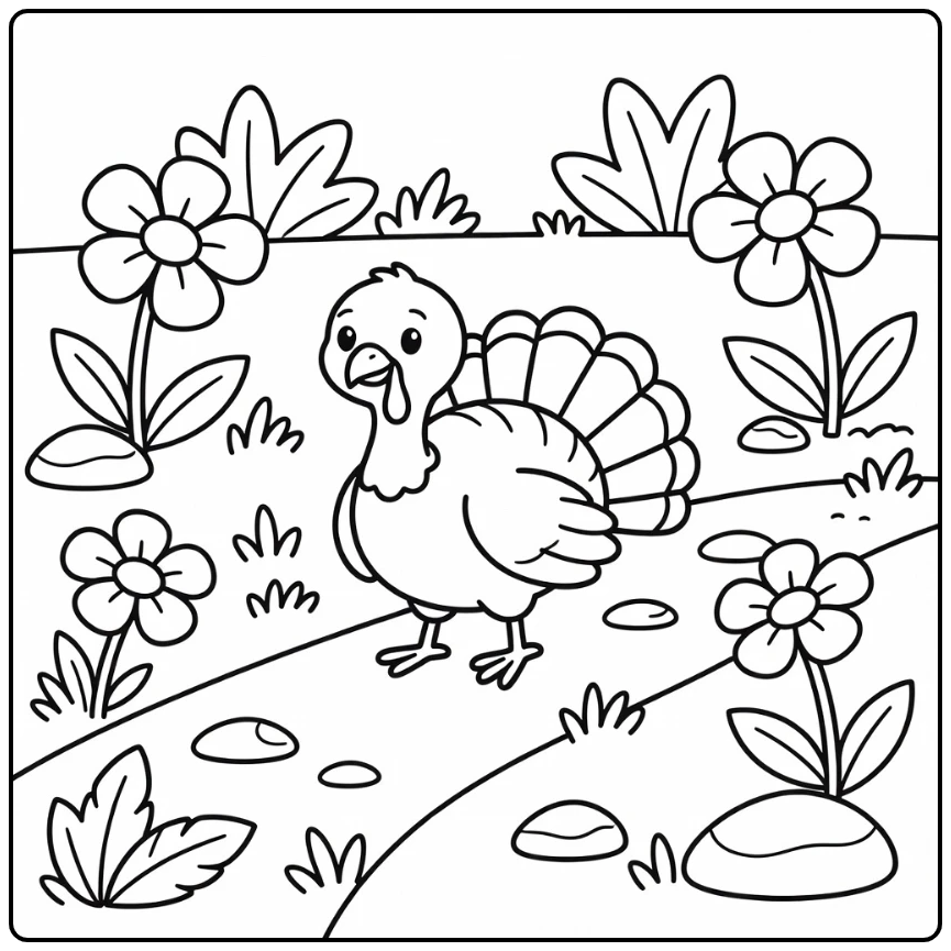 turkey coloring page for kids with garden path and flowers