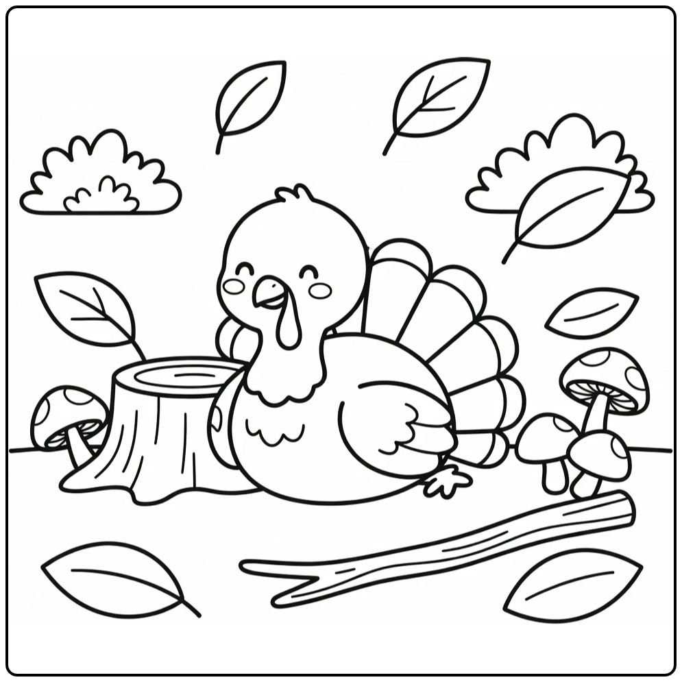 turkey coloring page for kids in woodland setting