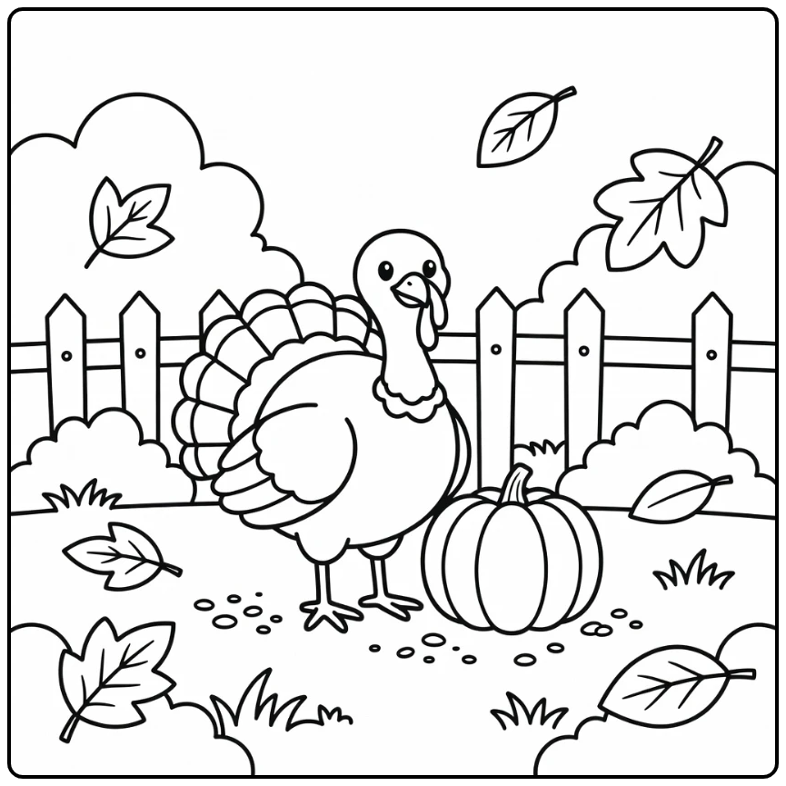 turkey coloring page for kids with pumpkin in farmyard