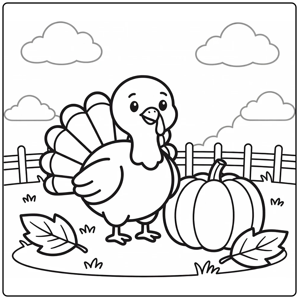 turkey coloring page for toddlers with pumpkin and leaves