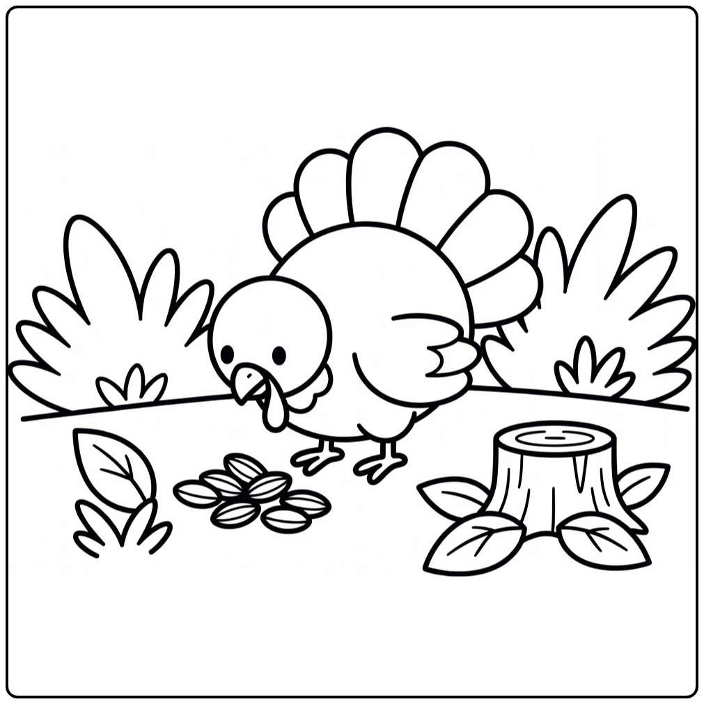 Turkey coloring page for toddlers with seeds and grass tufts